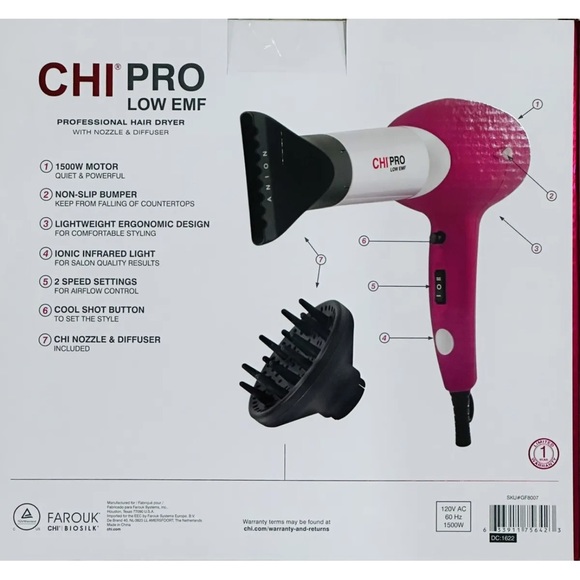 Chi Chi London Hair New Chi Pro Low Emf Professional Hair Dryer With Nozzle Diffuser Nib Hot